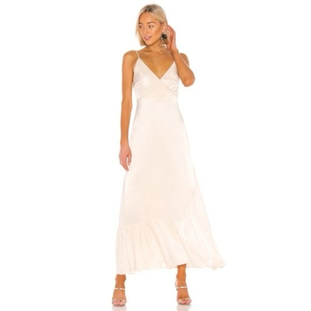 Line & Dot Wrap Dress Satin Ivory Champagne Slip Maxi Ruffle Hem L